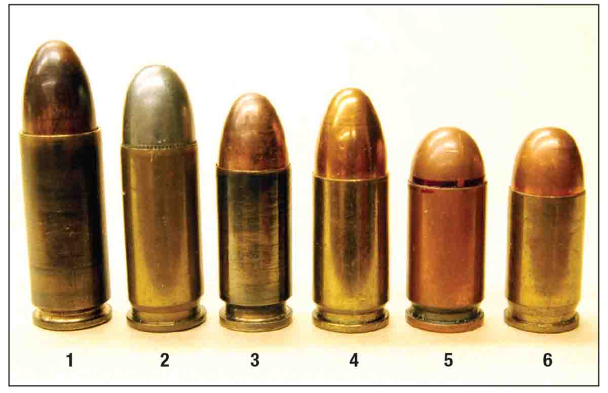 These are 9mm rounds that quickly dominated the semiauto pistol field: (1) 9x25mm Mauser, (2) 38 ACP, (3) 9mm Browning Long, (4) 9x19 mm Luger, (5) 9mm Makarov and (6) the 9mm Browning Short or 380 ACP.